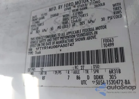 2006 Ford Ranger Sport/Stx/Xl/Xlt z USA, uszkodzony, nr VIN 1FTYR14U06PA50747